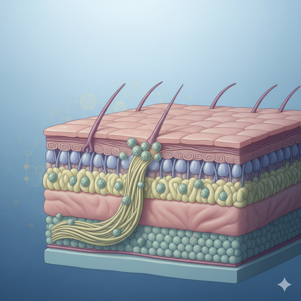 Biostimulator science illustration showing how Sculptra stimulates collagen production in skin layers