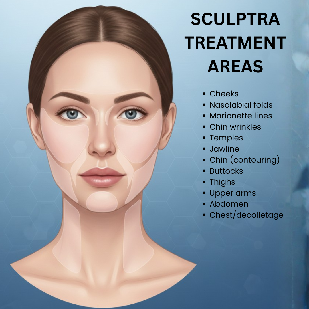 Sculptra treatment areas diagram showing facial areas for volume restoration